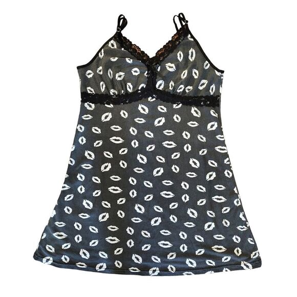 Y2K Black White Lip Prints Lace Trimmed Mini Slip Chemise Large - Picture 3 of 11